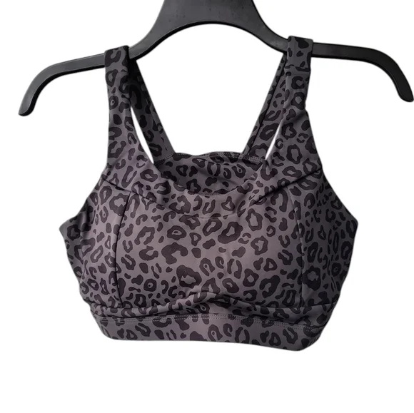 Running Girl Charcoal Leopard Print Cutout Back Athletic Sports Bra L - Picture 9 of 9
